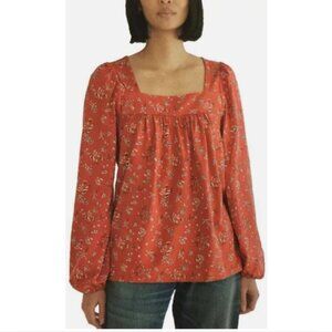 Lucky Brand Peasant Top Square Neck Long Sleeve Orange Floral XL
